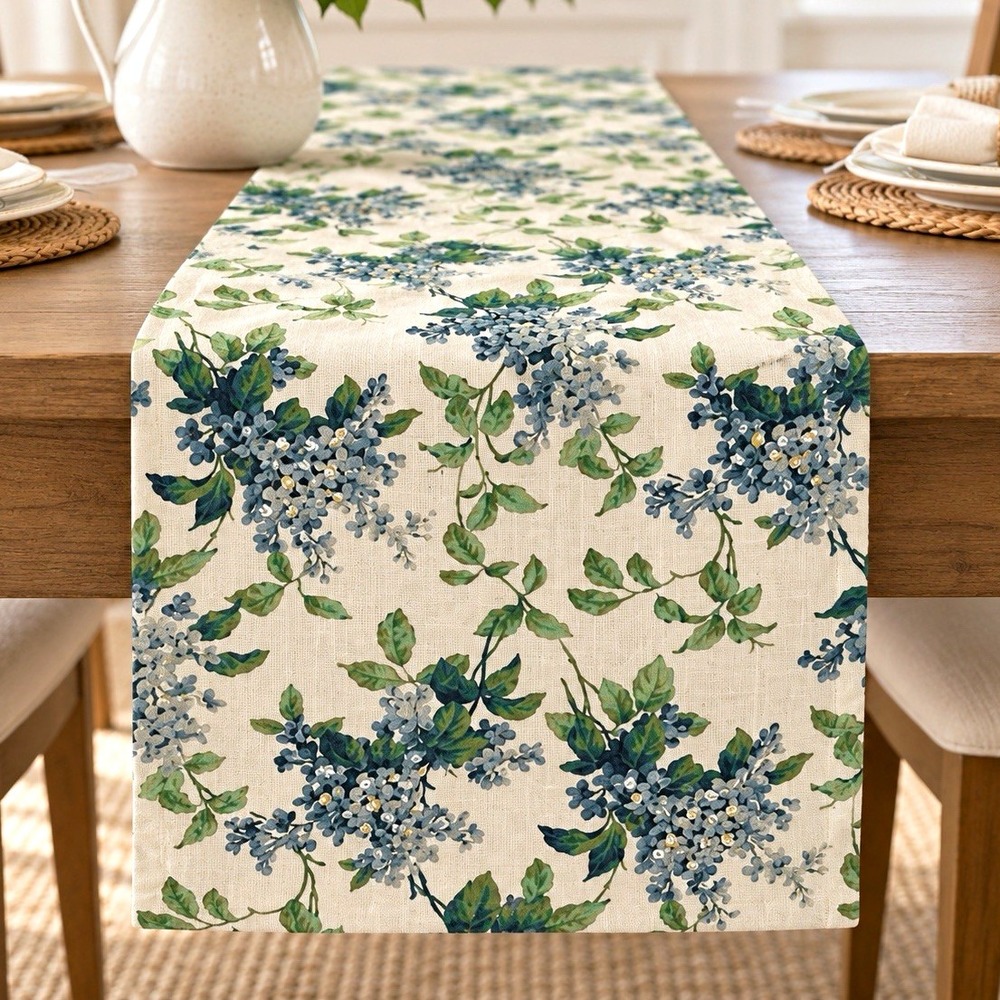 Dream Home Floral Table Runner 16x80 Blue Green Botanical Beaded Hydrangea NEW